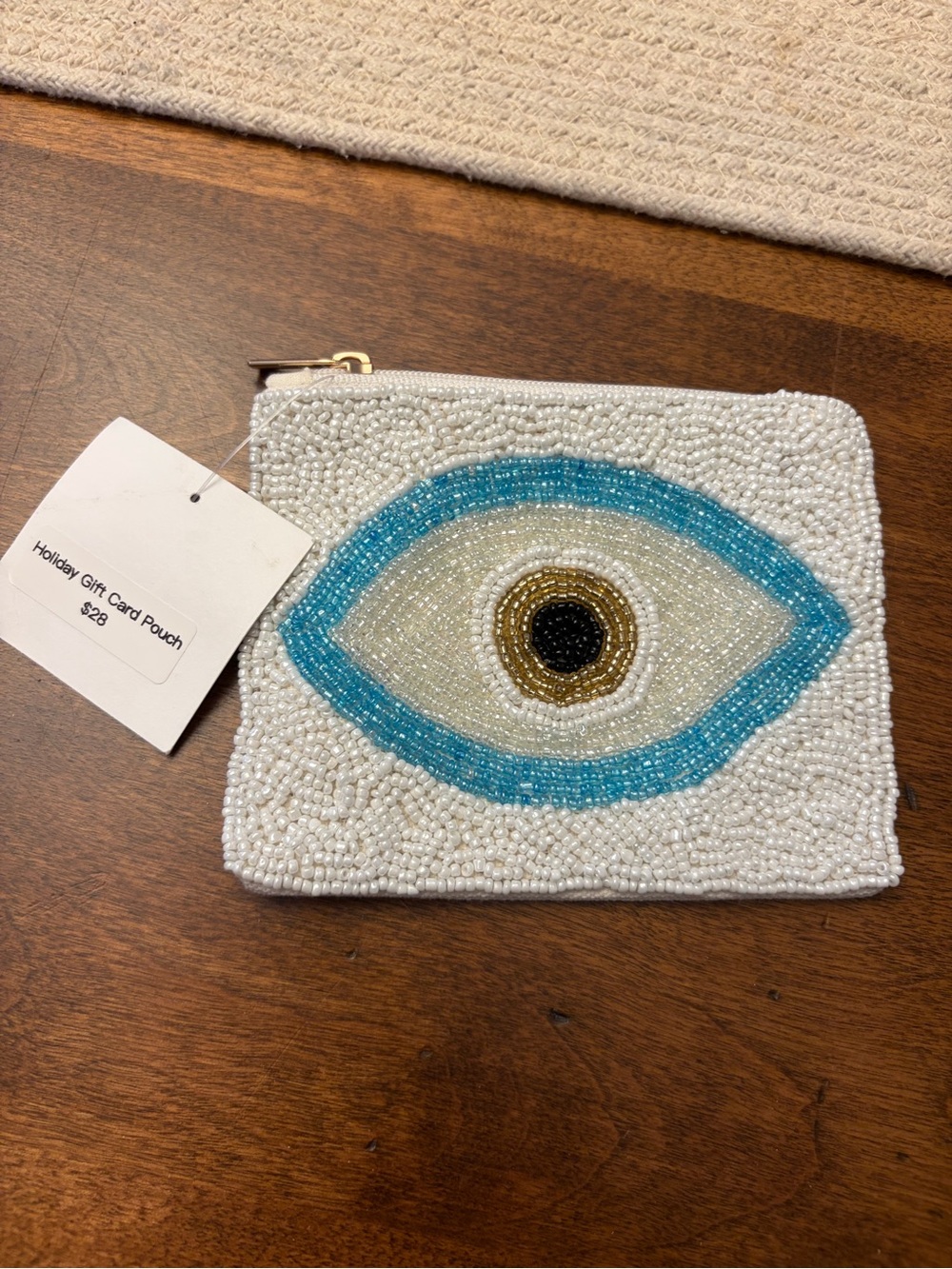 Beaded Evil Eye Coin Pouch in White and Blue